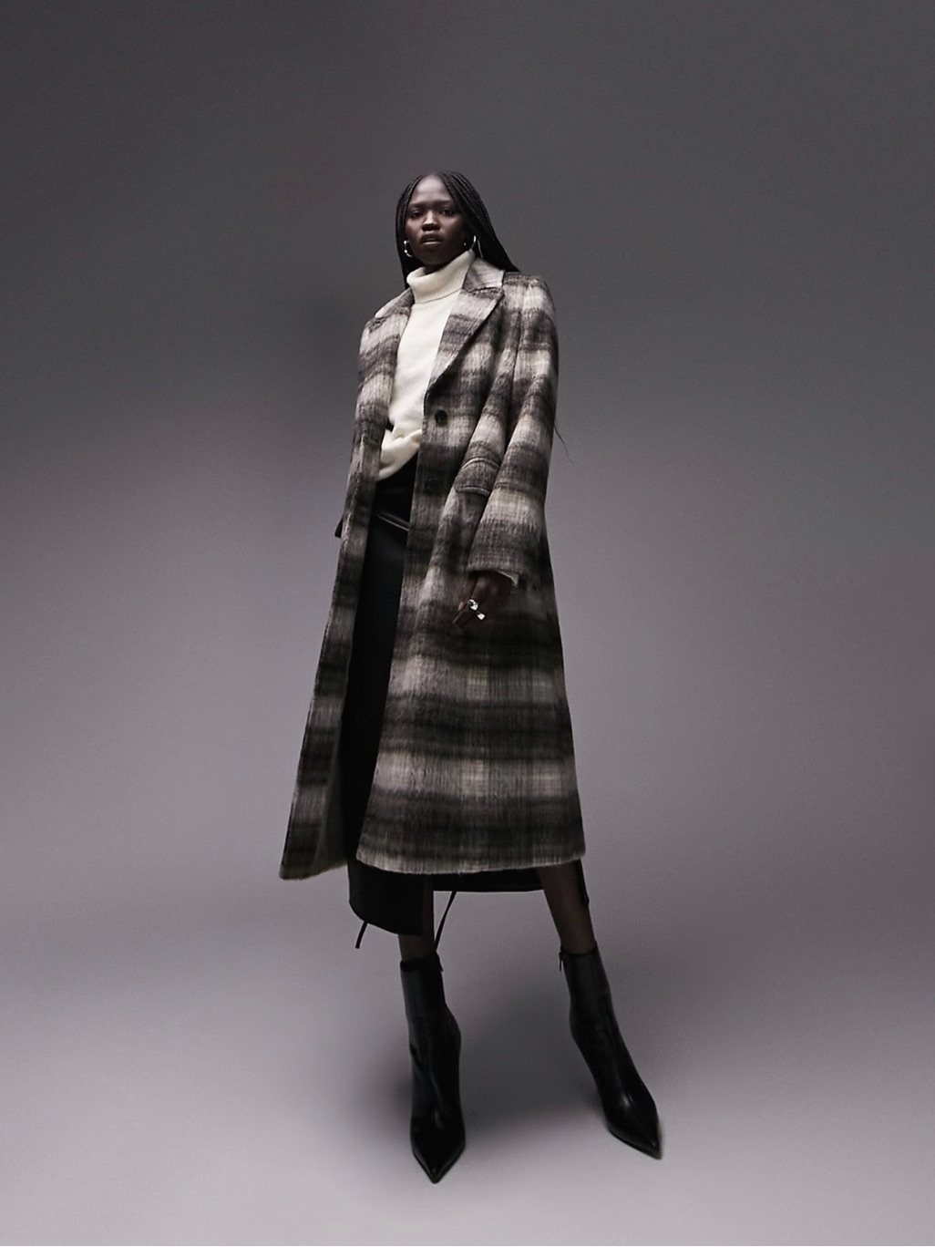 Topshop Oversized Brushed Loose Check Coat In Brown